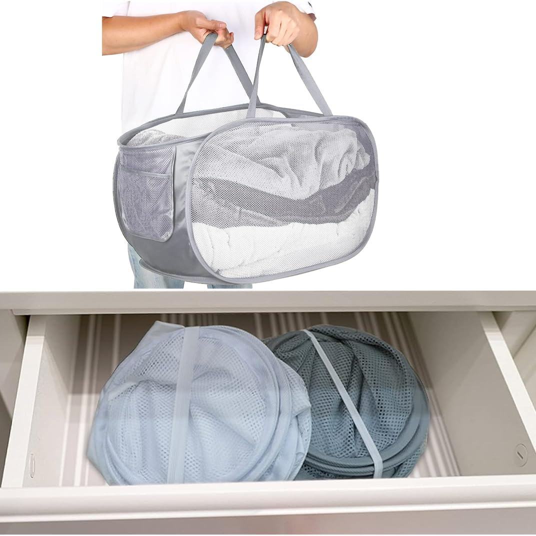 IREES Durable Collapsible Laundry Baskets, 2PCS Mesh Pop up Laundry Hamper,Lightweight Mesh Basket with Reinforced Carry Handles for Laundry, Dormitories, Families, Travel, and Camping (Black) - Blue image number 3