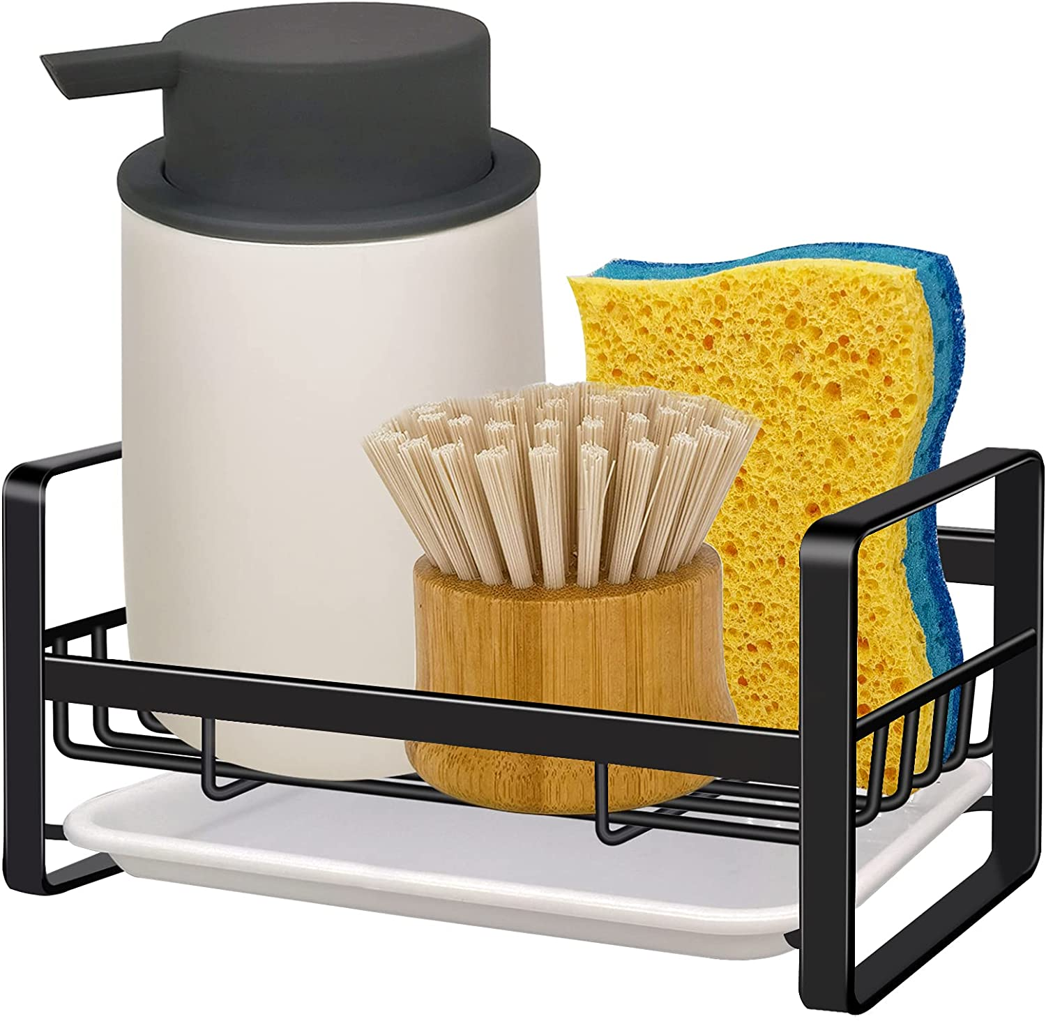 VANTEN Kitchen Sink Caddy Sponge Holder Sink Organizer, Sink Tray Drainer Rack, Soap Dish Dispenser Brush Holder Storage Accessories -Countertop or Adhesive