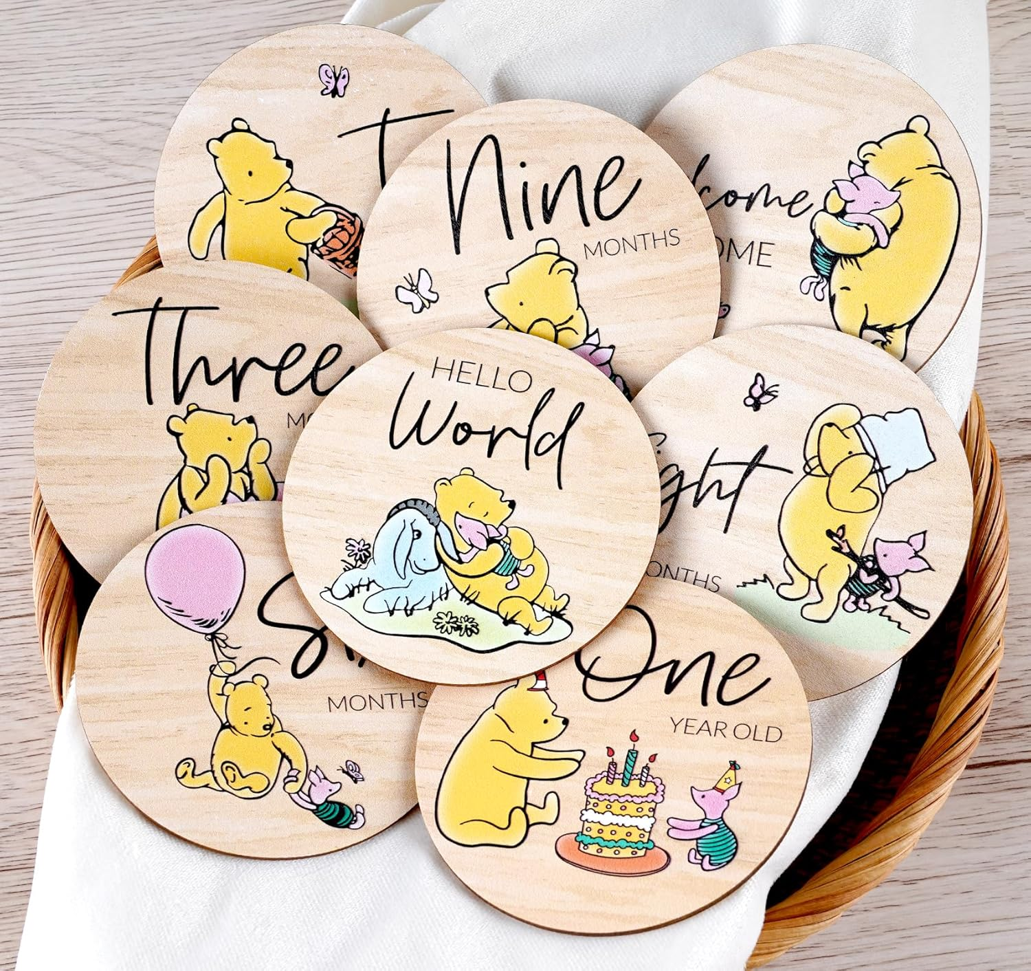Winnie Baby Milestone Cards, Wooden Cirles Discs for Baby Photo Prop with Announcement & Hello World Sign - 8Pcs Double Sided Markers for Baby Shower Nursery Gift image number 3