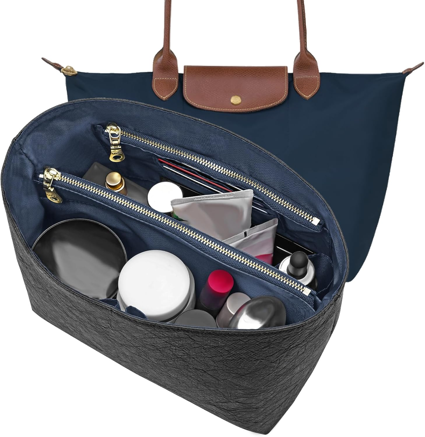 LOUKAYCCI New Dupont Paper Purse Organizer Insert for Longchamp Le Pliage M Handbag Insert (White&Brown, Medium)