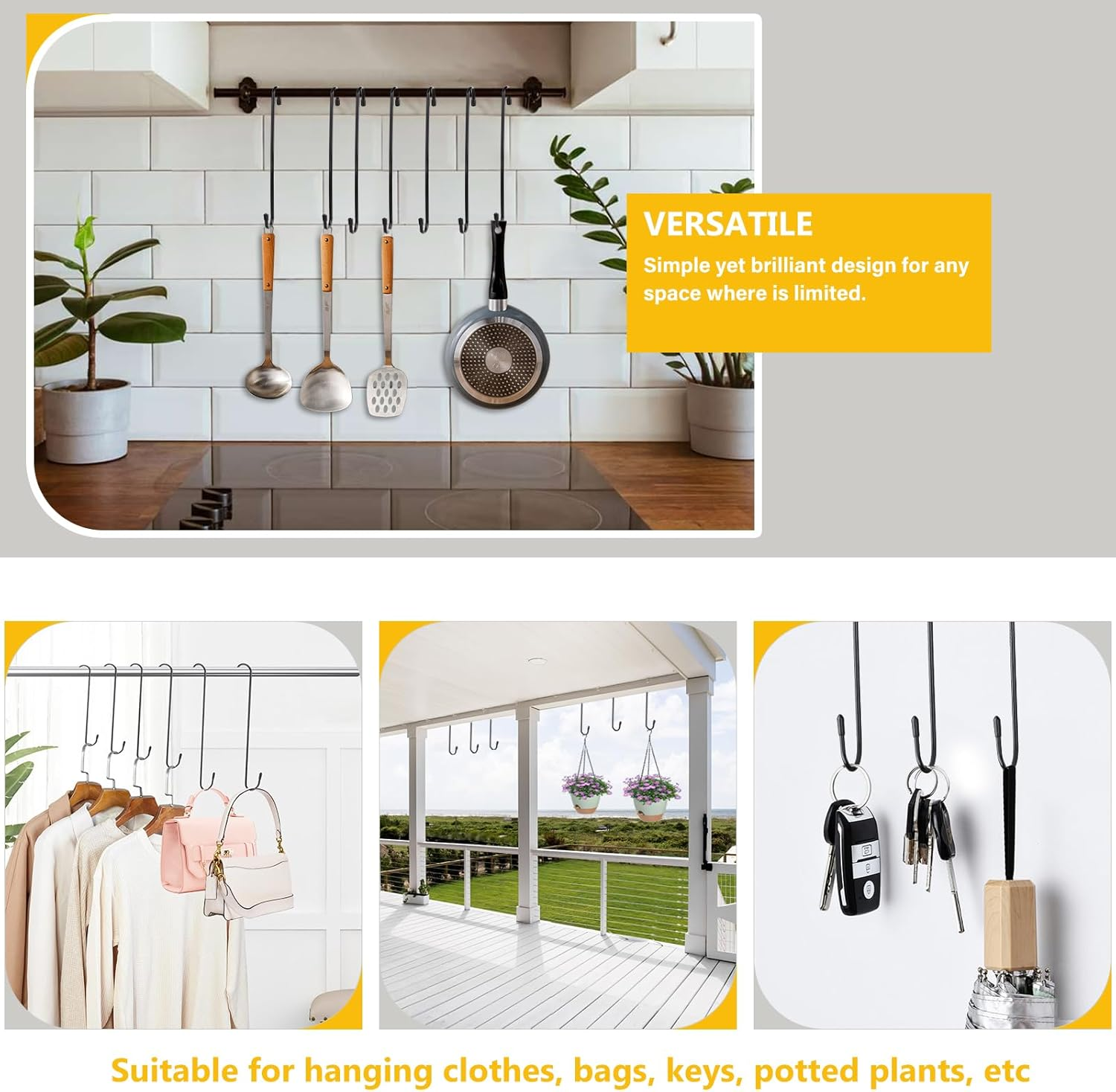 6 Pack 10 Inch Large S Hooks for Hanging Plants,Black Extra Matel Heavy Duty Hook for Hang Brsket,Bird House,Clothes,Kitchenware image number 1