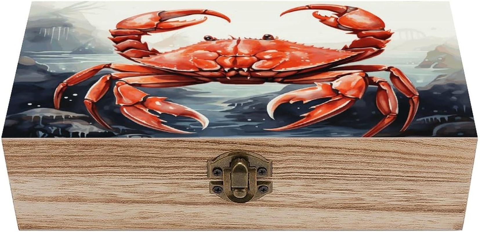 Red Crab Sea Wooden Box Wood Wedding Keepsake Boxes with Lids Small Decorative Boxes Lightweight Wooden Memory Storage Box for Crafts Keepsakes Jewelry Photo Letter Storage image number 4