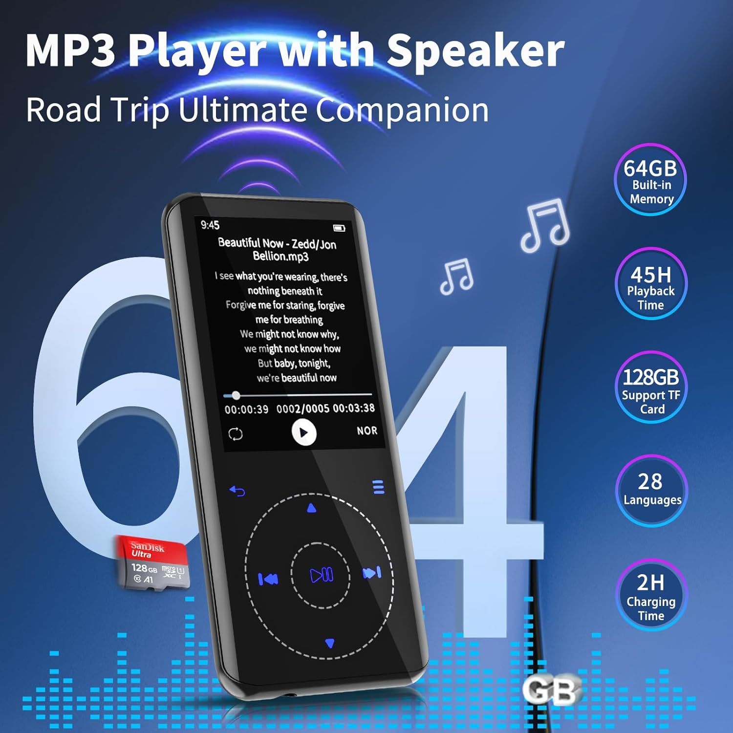RUIZU 64GB MP3 Player with Bluetooth 5.3, Portable Music Player with Speaker, FM Radio, Voice Recorder, Hifi Lossless Digital Audio Video Playback, 2.4-Inch Curved Screen, Support 128GB Micro SD Card image number 1