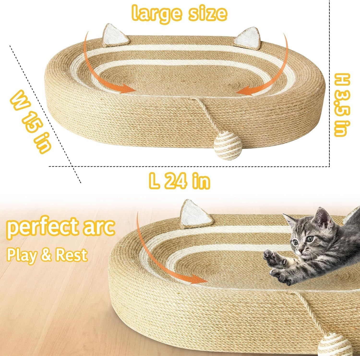 3 in 1 Cat Scratcher Bed, 24-Inch No Debris Scratching Pads with Anti-Slip, Cute Ear-Shaped Design for Indoor Cats, Relieves Boredom image number 1