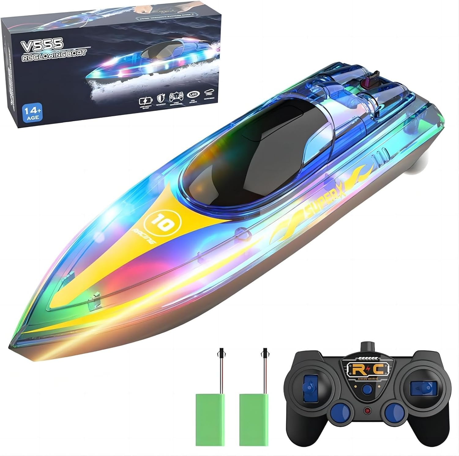 B-Qtech Remote Control Boat for Kids, 20KM/H High Speed RC Racing Boat with LED Light, 2 Rechargeable Batteries Long Playing, RC Boat Toys Gifts for Adults and Kids Pools Lakes Swimming Pool image number 6