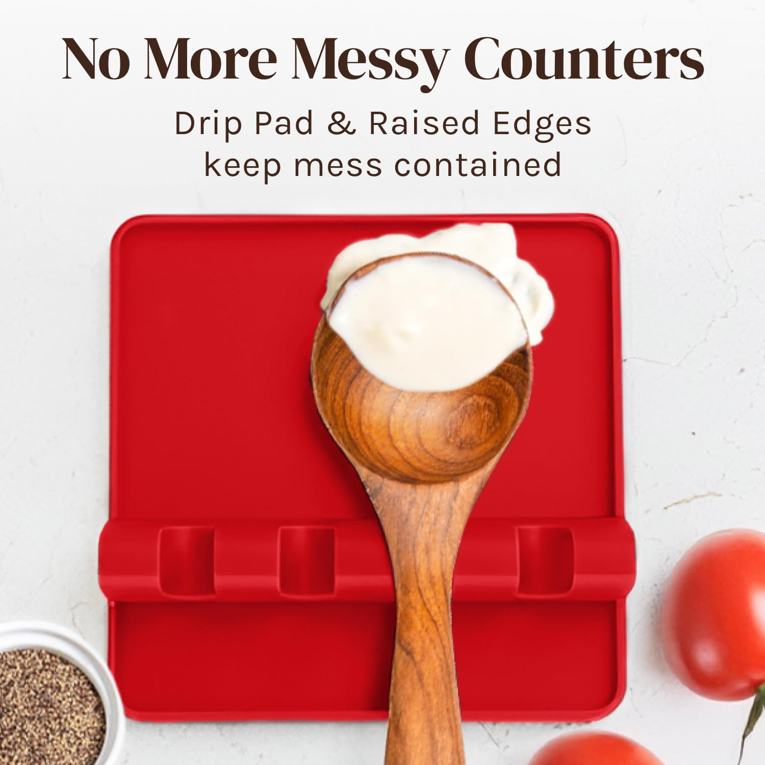 Cooler Kitchen Red Silicone Spoon Rest for Stove Top with Drip Pad (Two Pack) - Heat-Resistant, Bpa-Free Utensil Rest & Spoon Holder for Kitchen Counter - Grill Utensil Holder for Spatulas - Oatmeal image number 2