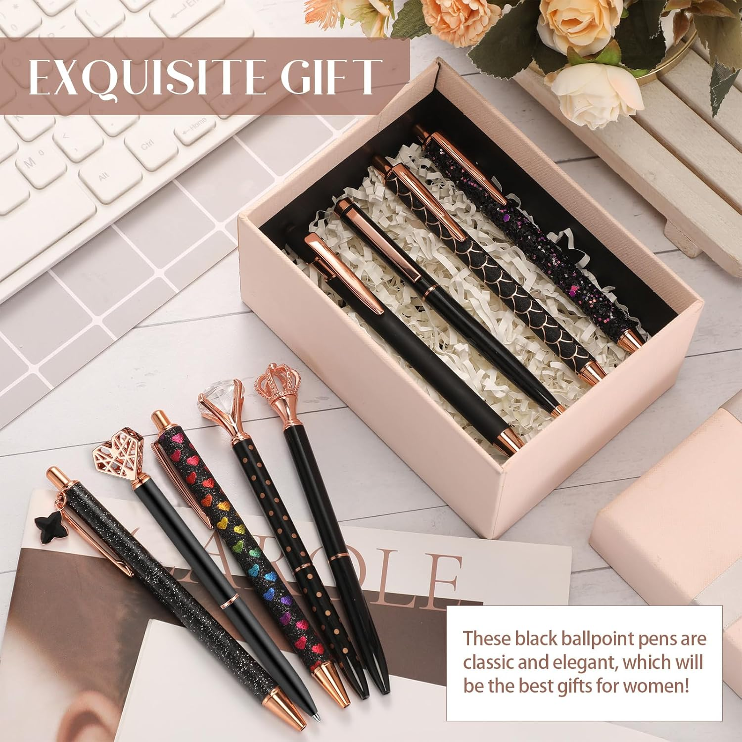 Janmini 9 Pcs Ballpoint Pens Set Metal Crystal Diamond Pen Liquid Sand Glitter for Journaling Black Ink Pretty Cute Fancy Gifts Women Girls School Wedding Office Desk Supplies (Black) - Brown image number 4
