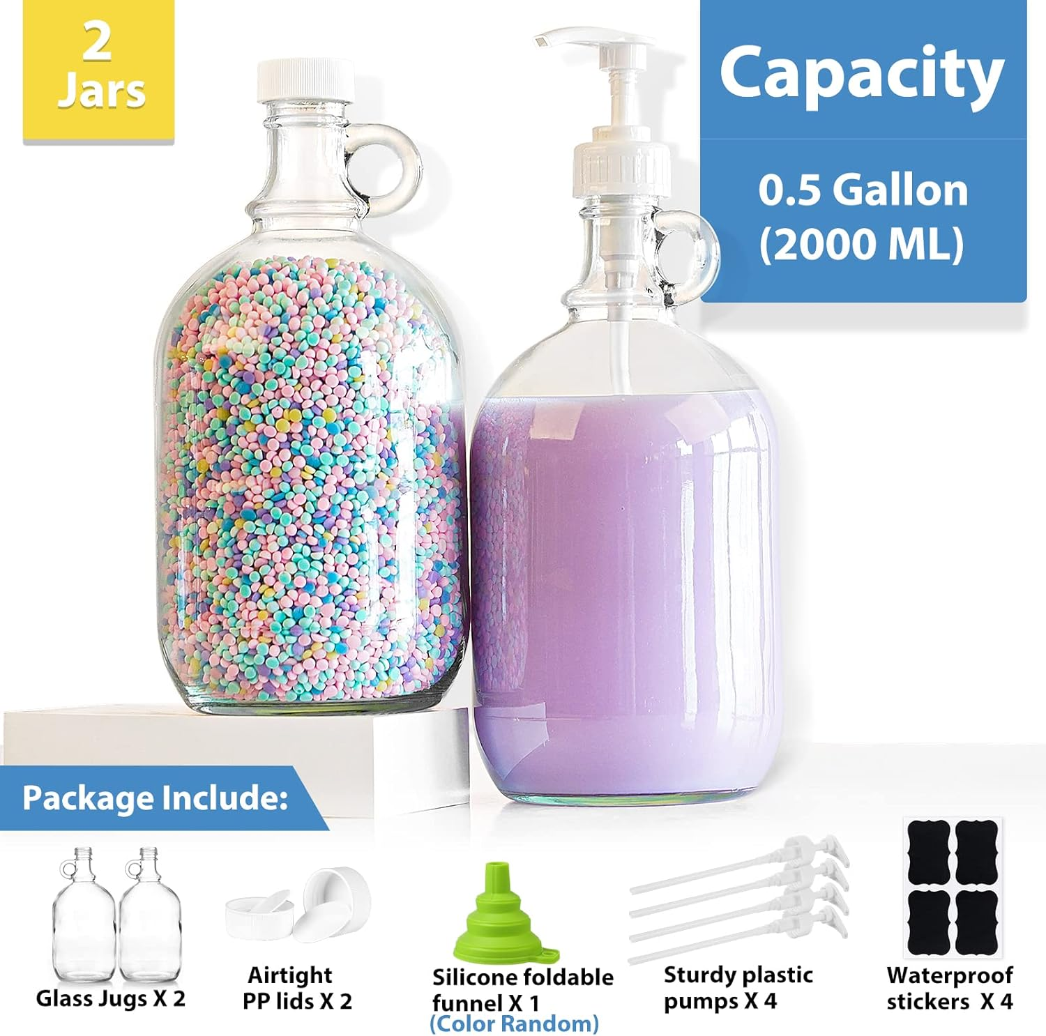 Sovietiep 2 Pack 0.5 Gal Glass Pump Dispenser Bottle W 4 Pumps and 2 Airtight Lids! 64 Oz Glass Jug for Laundry Soap Dispenser, Liquid Detergent, Fabric Softener, Syrup Pump - Extra Labels and Funnel image number 2