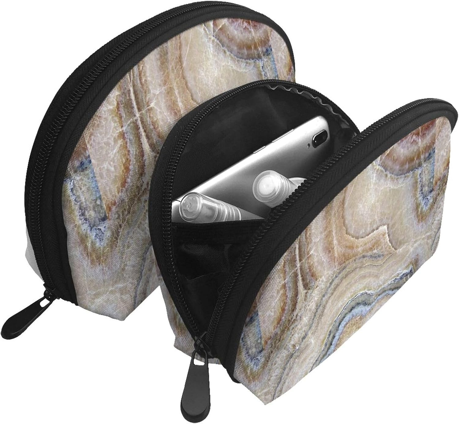 Cozimangoe Coin Pouch Makeup Bags Set, 2 Piece Shell Shape Cosmetic Bag with Pockets for Daily Travel Handbag Lipstick Keys Toiletry, Personalized Onyx Stone Pale Blue Print image number 4