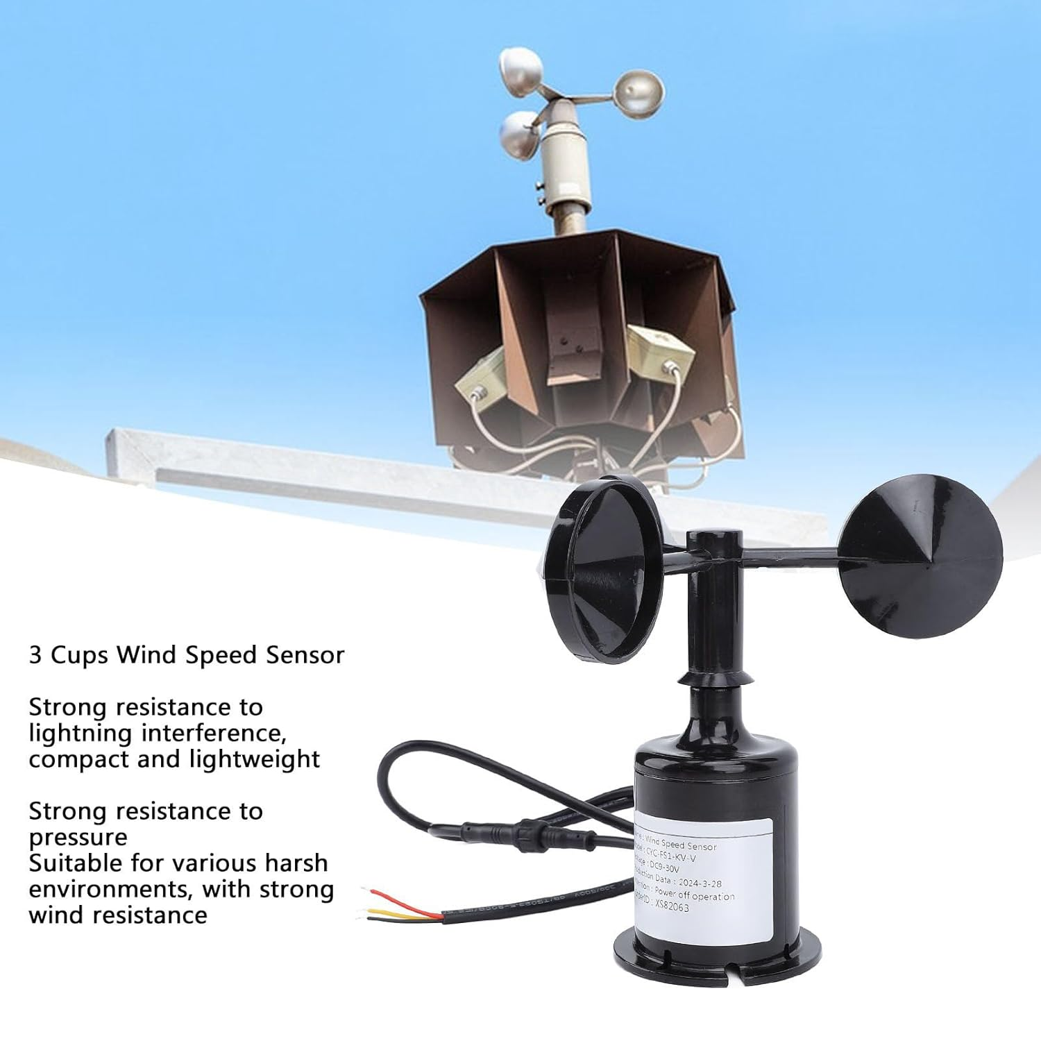 TOPINCN Wind Speed Sensor, IP64 Weatherproof, DC9 30V High Accuracy 3 Cups Anemomete, Wind Measurement Suitable for Greenhouses, Weather Stations, Industrial and Agricultural Environments image number 4