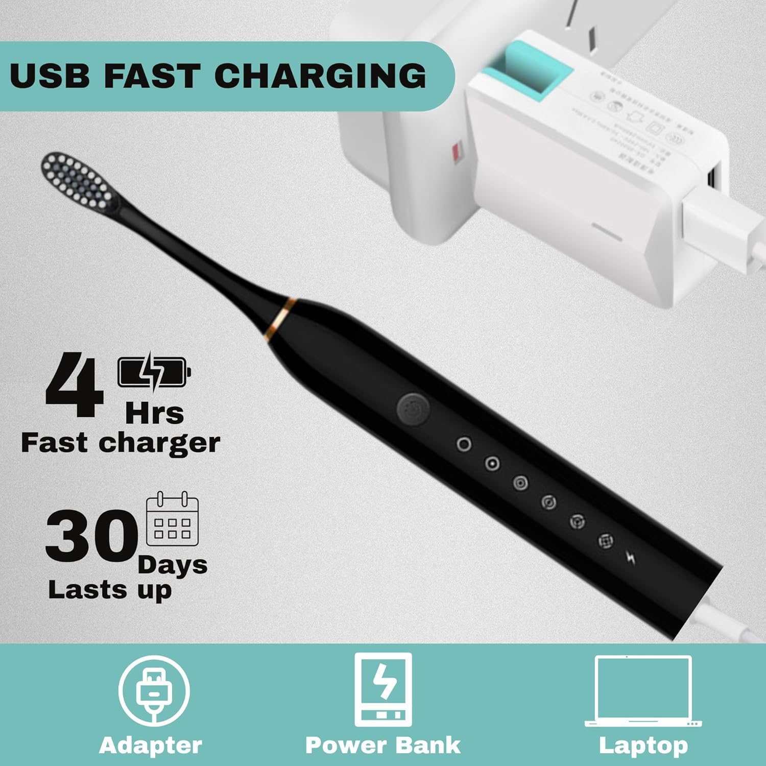 Opal Abode - Rechargeable Sonic Electric Toothbrush &ndash; 5 Modes, 8 German Dupont Brush Heads, Smart Timer, USB Travel Case & Holder &ndash; White Waterproof IPX7, Deep Clean Plaque Remover for Adults & Kids. 42000 High Frequency Vibration. image number 5