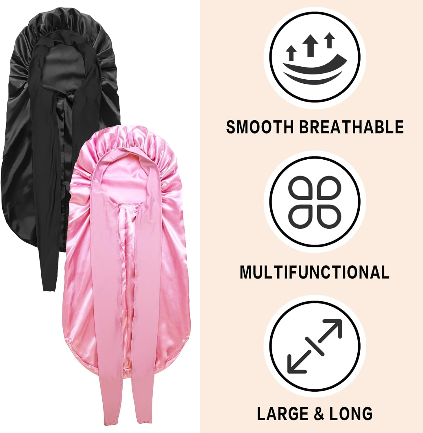 Bonnets for Black Women Braid Bonnet, Large Long Satin Bonnet for Braids, Silk Bonnet with Stretchy Tie Band Sleep Cap Hair - 2Pcs-Black-Silver Pattern image number 6