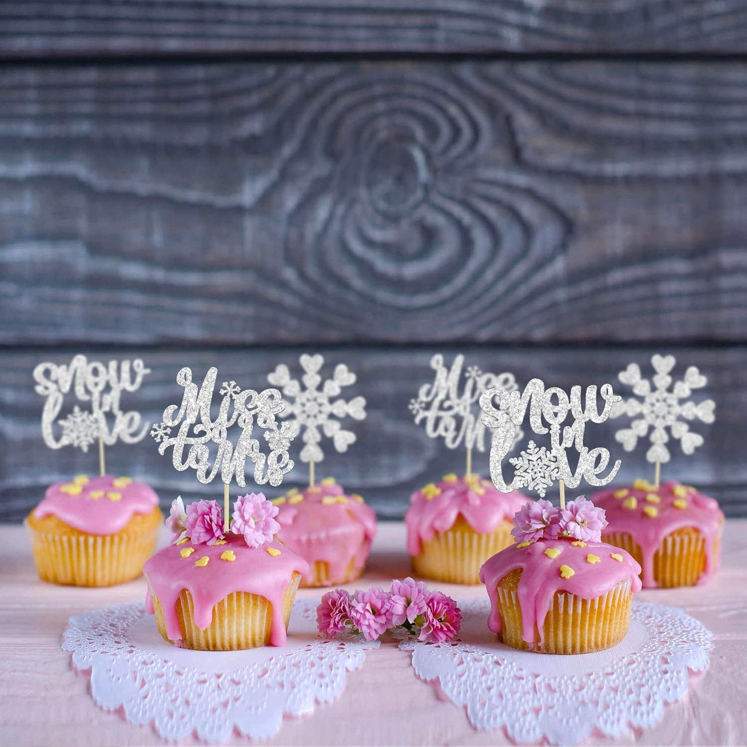 Gyufise 24Pcs Silver Snowflake Cupcake Toppers Glitter Winter Snowflake Miss to Mrs Cake Topper Picks for Winter Wedding Anniversary Decorations Bridal Shower Party Supplies