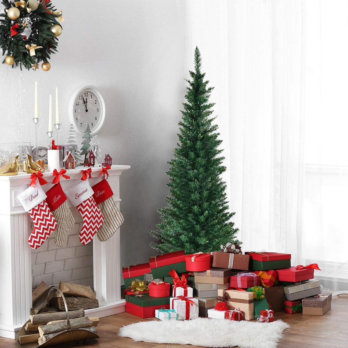 Costway Holly-Jolly 2.4M PVC Pencil Christmas Tree Slim Xmas Homedecor Green (2.4M)