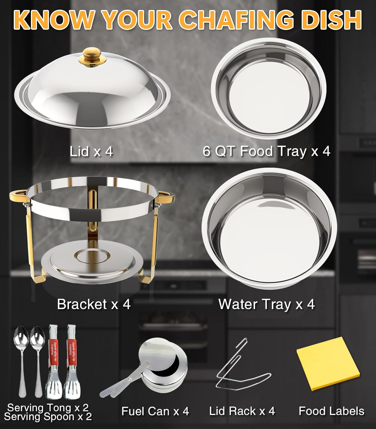 Beviliu 5.7L(6QT) Chafing Dishes for Buffet, 4 Pack 5.7L Food Warmers for Parties Buffet, Warming Trays for Buffets Party, Catering Supplies Buffet Display Chafing Dish for Any Parties image number 1