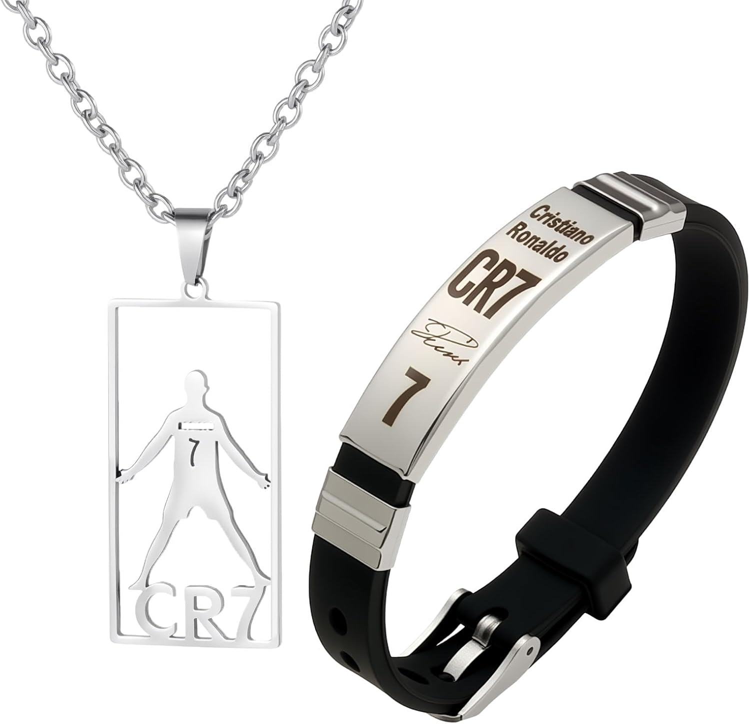 2Pcs Charm Bracelets, World Cup Cristiano Ronaldo No. 7 Football Stainless Steel Pendant Bracelet, Football Bracelet Pendant Necklace Set, Adjustable Souvenir for Male Fans image number 6