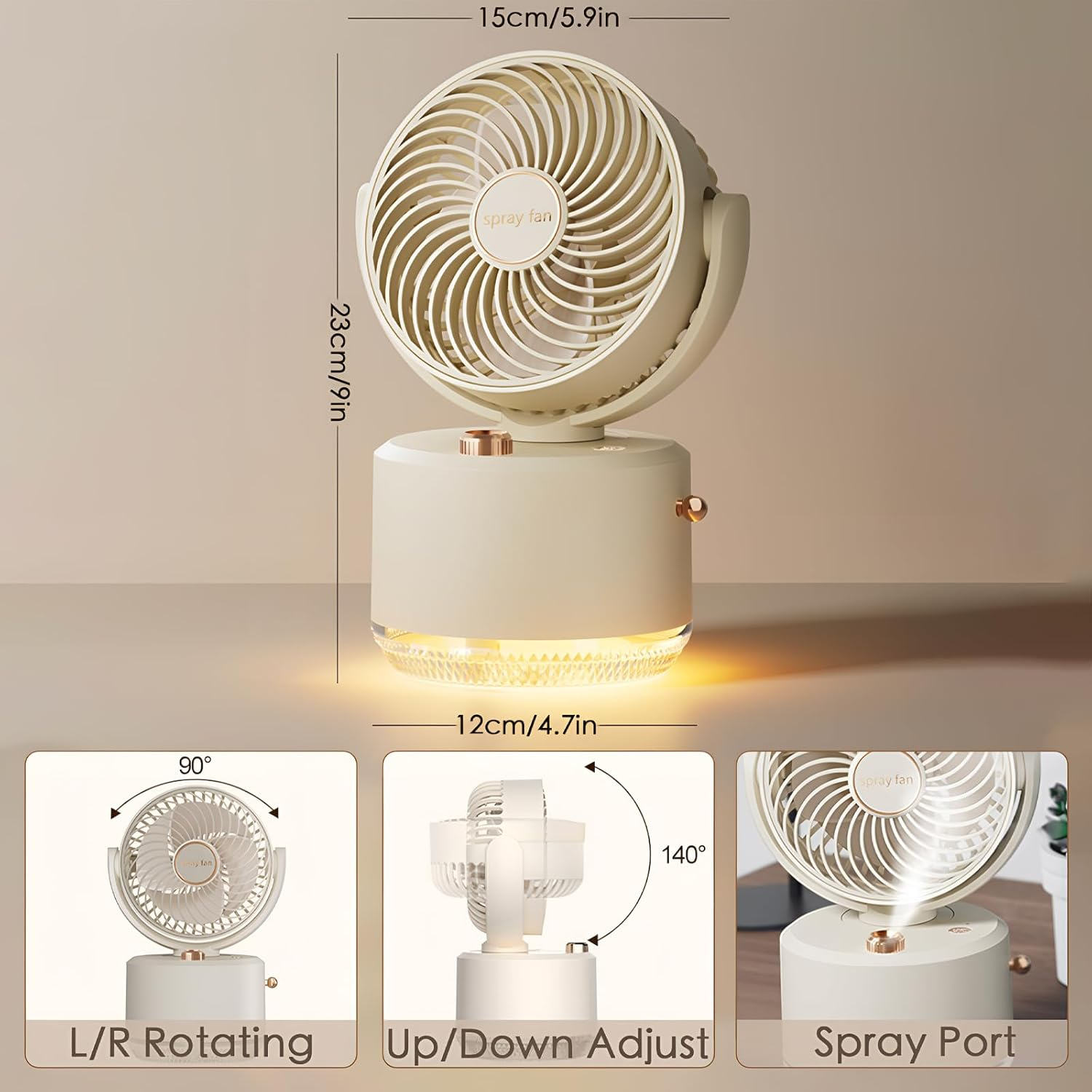Desk Fan with Spray Portable Rechargeable Small Fans for Bedroom,Usb Oscillating Cooling Table Fan Long Time Work,Personal Electric Cold Air Portable Fan for Desk (Beige) image number 5