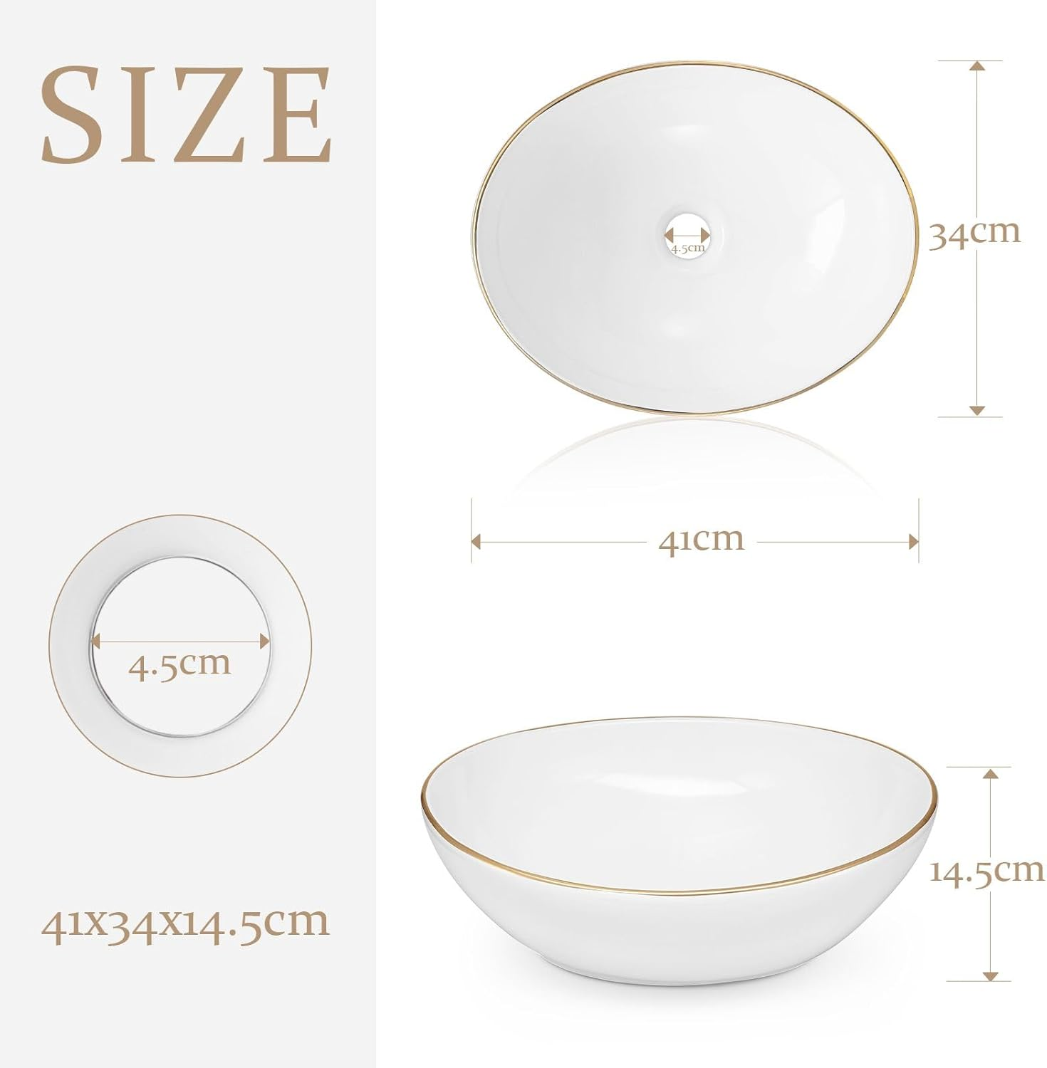 Luxsuite Bathroom Basin Sink Vessel Wash Basin Washing Vanity Bowl Bathroom above Counter Hand Toilet Bath Countertop Oval Ceramic Basin Lavatory White image number 4