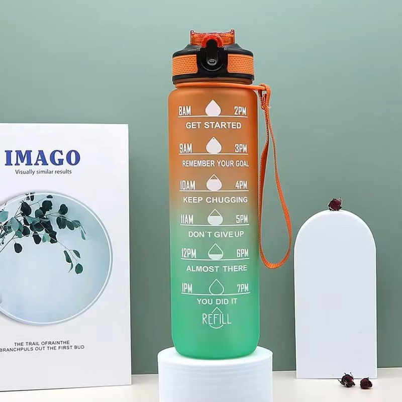 O'Mango Motivational Water Bottle, 1000Ml, Time Marker, Built-In Straw, Blue-Purple Gradient (ORANGE-GREEN) - Aqua image number 5