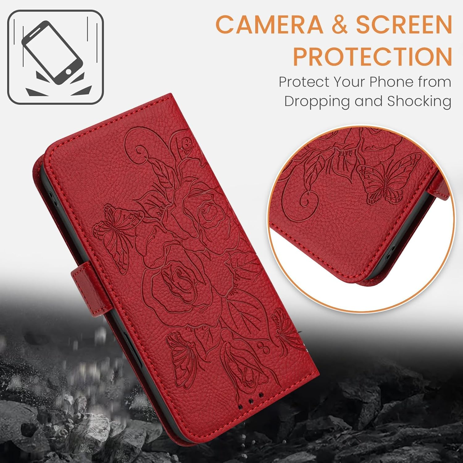IMEIKONST Mobile Phone Case for Motorola Moto Edge 50 Neo 5G Case, Protective Leather Case Stand Wallet Card Slot RFID Blocking Shockproof Mobile Phone Case for Moto Edge 50 Neo 5G. Red Flowers YBH image number 4