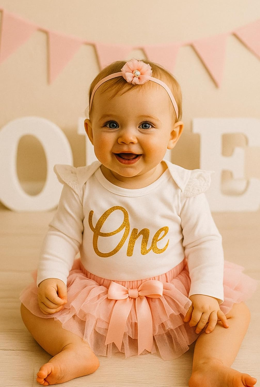 Baby Girl First 1St Birthday Cake Smash 3 Piece Outfit Set - Onesie + Tulle Skirt + Headband