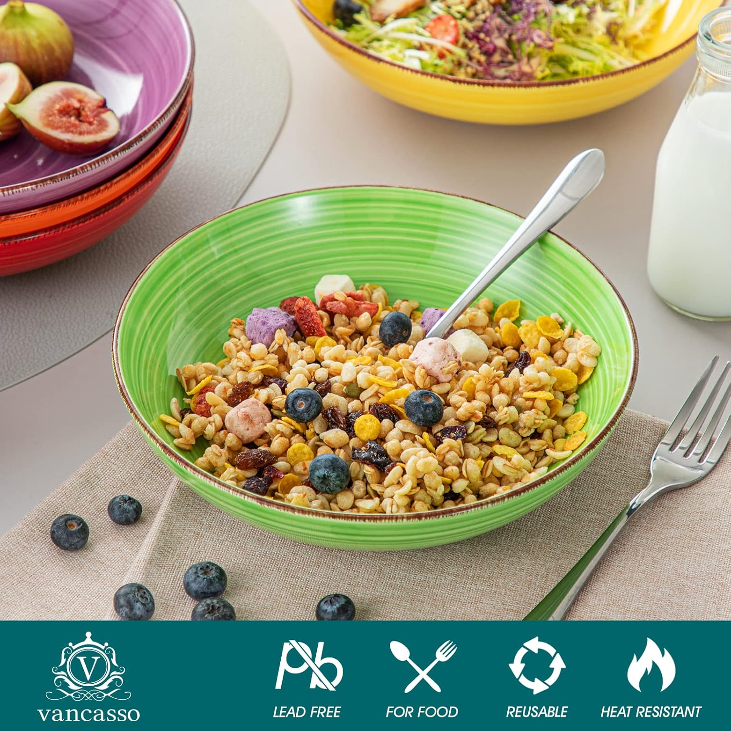 Vancasso Bonita Pasta Bowls Set of 6, 38 Oz Shallow Bowls, Ceramic Pasta Plates and Salad Bowls, Microwave & Dishwasher Safe Serving Bowls, Assorted Colors image number 5