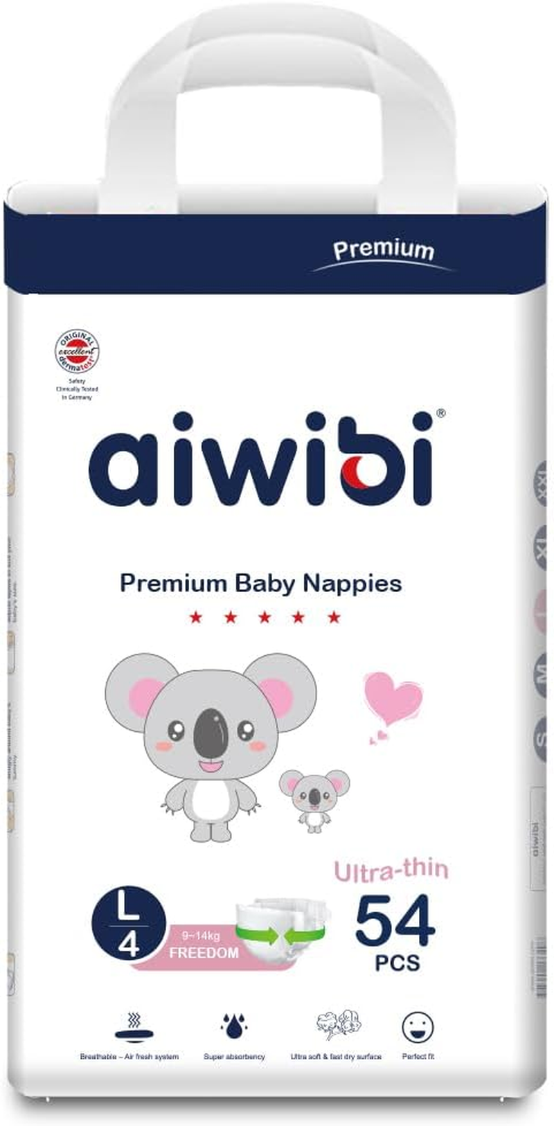 AIWIBI Nappies Size 4 (9-14Kg), 54 Count, Series Light Feather Premium Nappy, Ultra-Soft and Absorption, Hypoallergenic and Leak-Proof