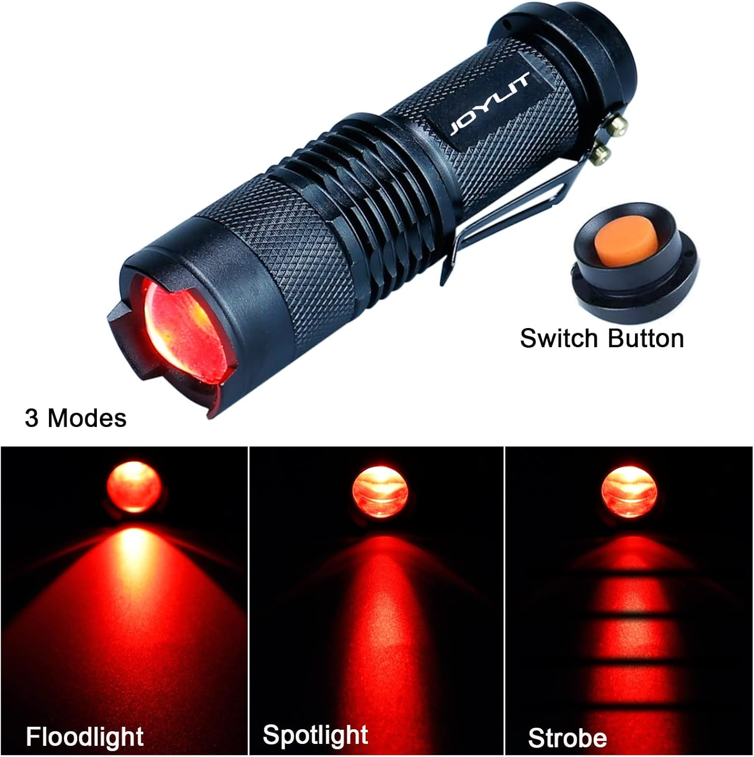 JOYLIT Red Light Mini Focus Tactical Flashlight 620Nm LED Torch Lantern,Waterproof and 3 Light Modes,Powered by 14500 or AA Battery