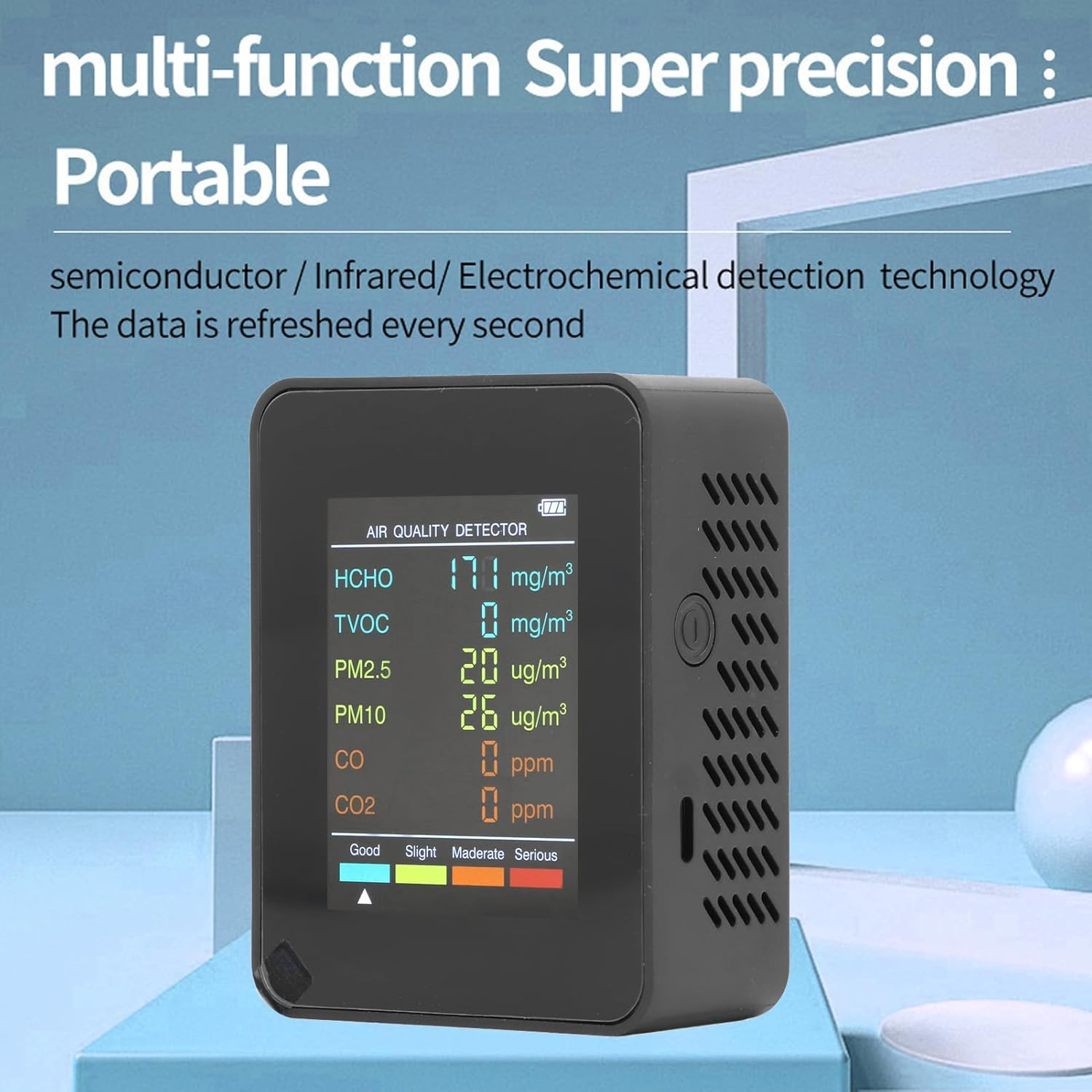 Air Quality Monitor, CO2 TVOC HCHO PM2.5 PM10 Indoor Air Quality Tester for Home, with LCD Backlit, USB Rechargeable (Black) image number 2