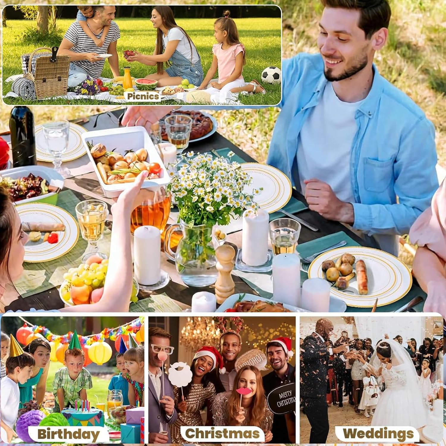 Sebusong 225 Pcs Dinnerware Set Gold, Reusable Plastic Dinner Plates Set Include 25 Dinner Plates, 25 Salad Plates, 75 Silverware(25 Forks, Knives, Spoons), 25 Napkins, 25 Cups, 50 Paper Straws