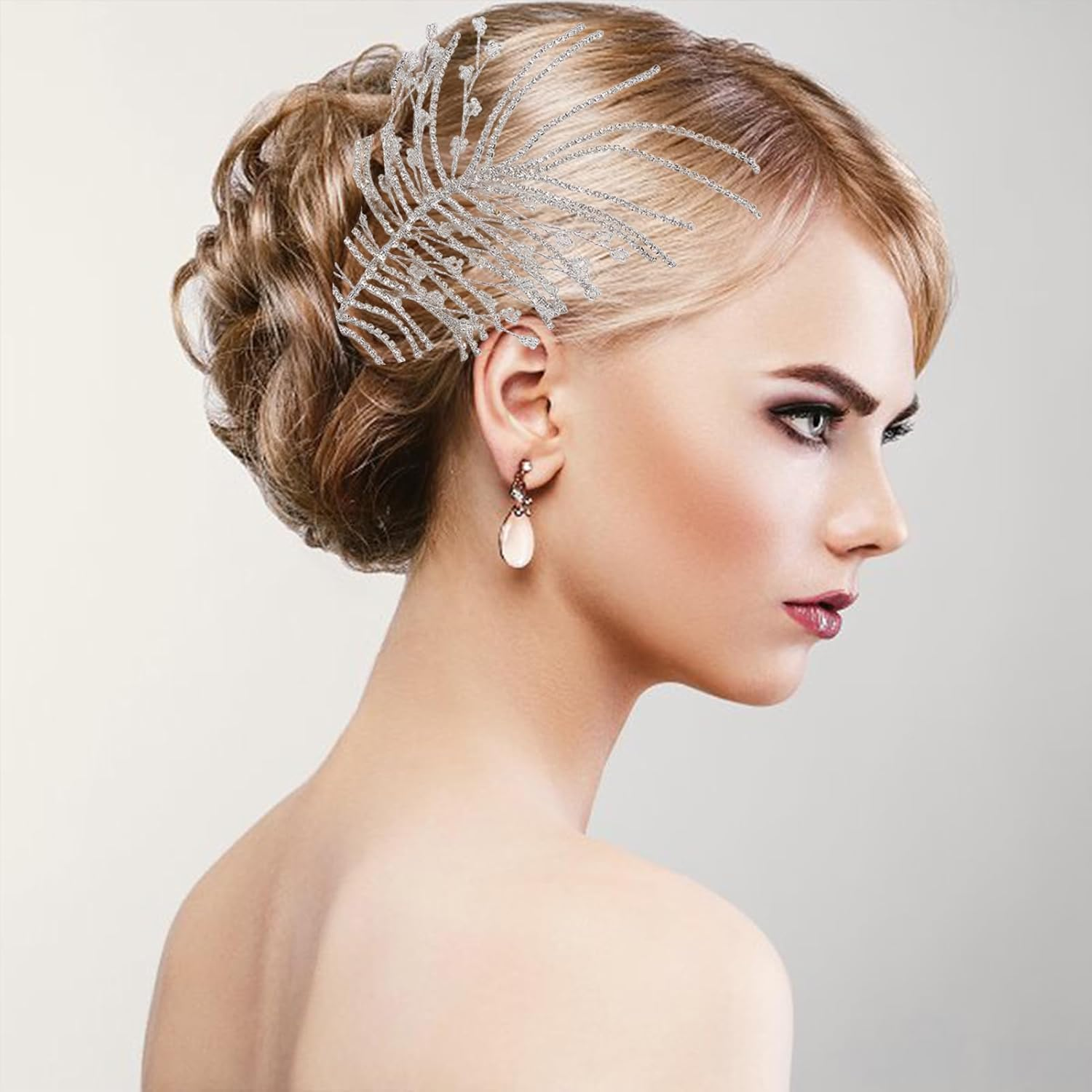 NICENEEDED Wedding Crystal Bridal Headband, Silver Women'S Rhinestone Leaf Side Hair Pieces, Boho Vintage Hair Accessories for Bridesmaids Party image number 4