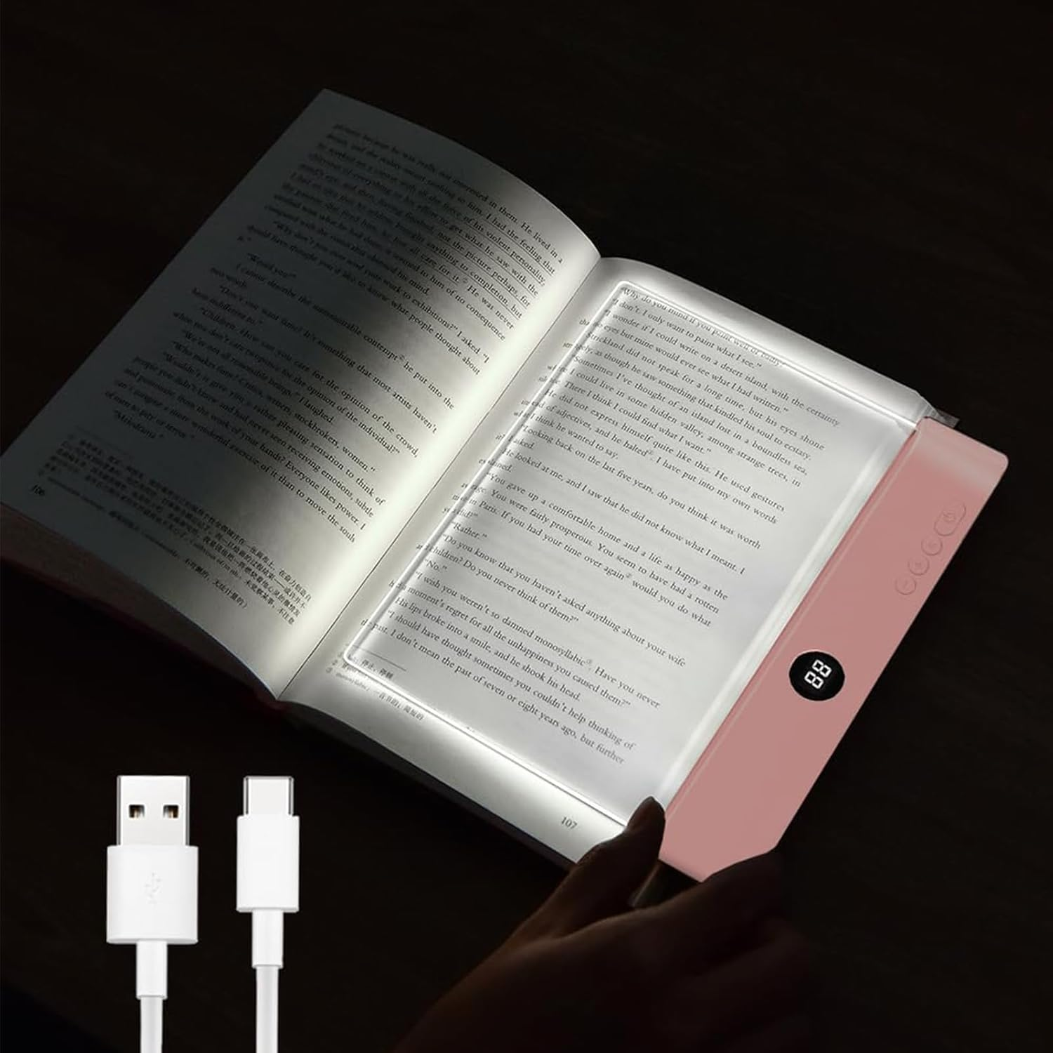 Book Light, Rechargeable Clear LED Flat Reading Light with 3 Colors & Timer, Dimmable Panel Plate Lamp Book Full Page for Reading in Bed at Night, Funny Gifts for Readers Kids Women Men (Pink)