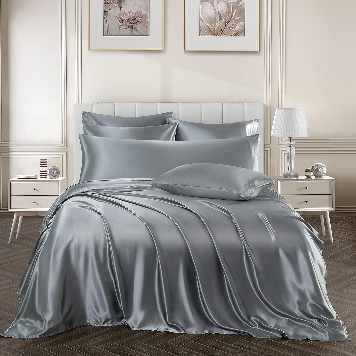 Ersmak 7 Pieces Satin Sheets Set Queen Size, Luxury Silky Grey Satin Bed Sheets Set with 1 Deep Pocket Fitted Sheet, 1 Soft Flat Sheet, 4 Queen Pillowcases and 1 Body Pillowcase image number 5