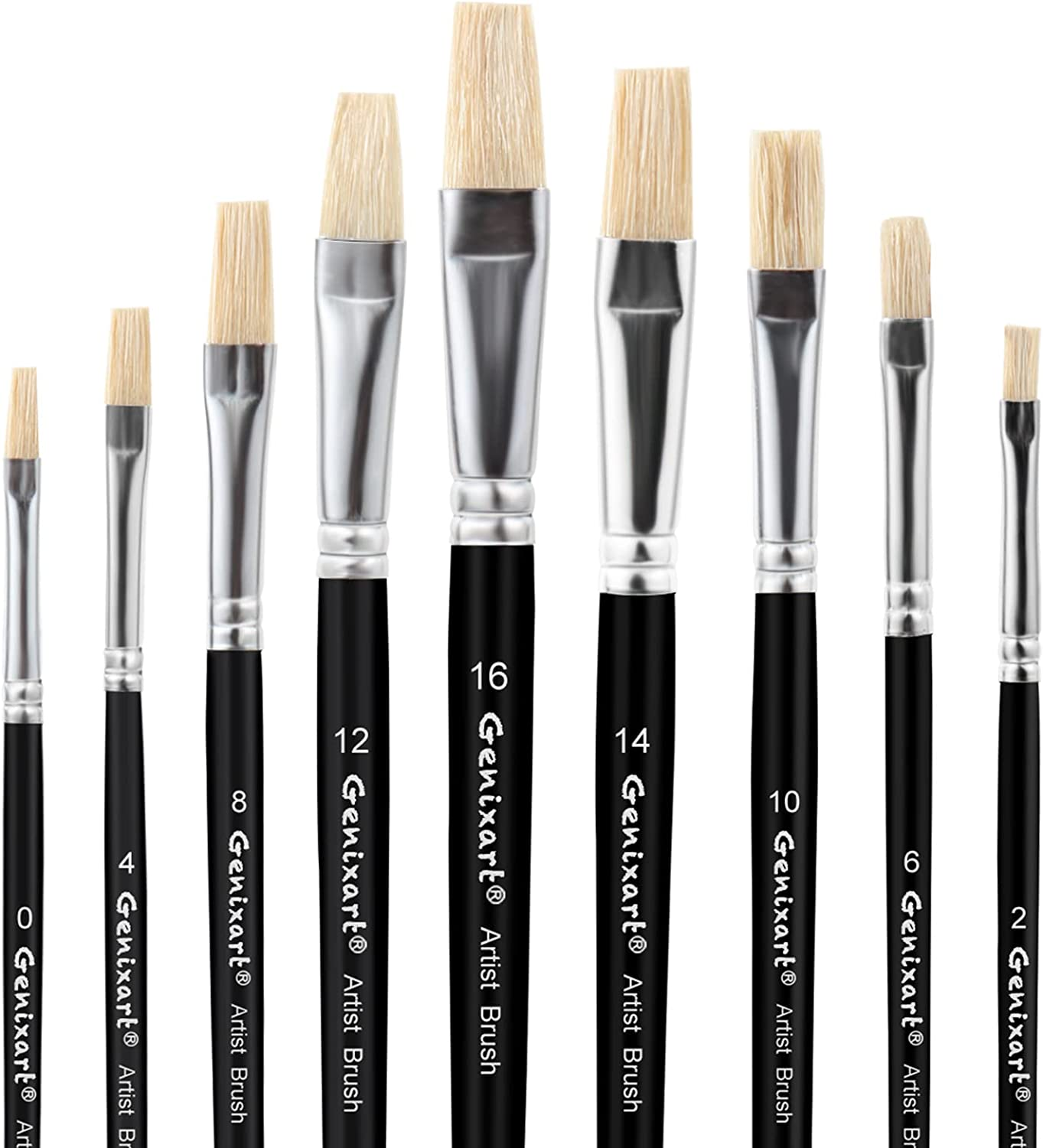 Acrylic Oil Watercolor Paint Brush Set, 9Pcs Flat Paintbrushes for Art Painting, 100% Natural White Hog Bristle Artist Paint Brushes for Students Adults (Black Handle) image number 5