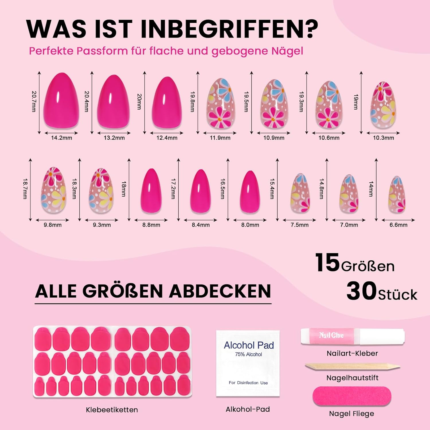 Noerrors 24 Pieces Short Almond Rose Red Flower Design Push Nails in Hot Pink Spring Summer Exquisite Glue and Stick Nail Art Manicure - Gradual French image number 4