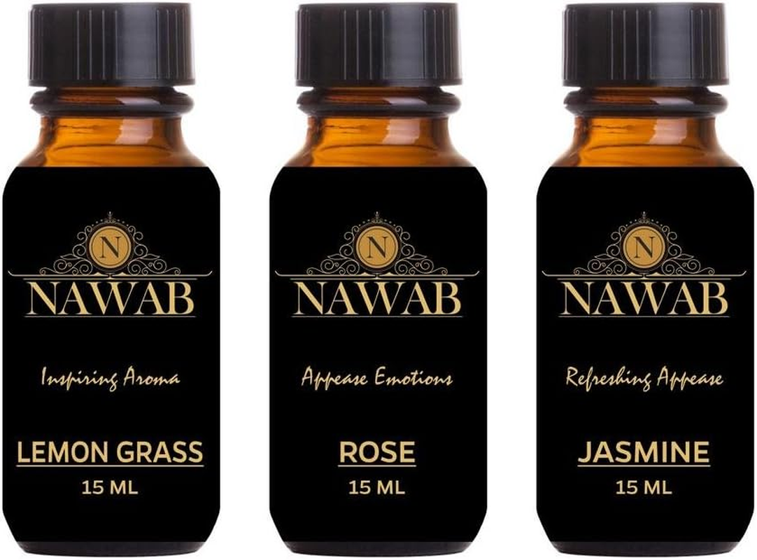 NAWAB Aroma Oil / Diffuser Oil / Scented Oil / Fragrance Oil ( Lemongrass , Rose , Jasmine - 15Ml Each)