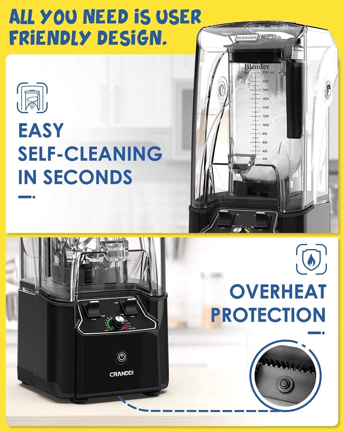 CRANDDI Quiet Commercial Blender with Soundproof Shield, 2200 Watt Professional Blenders for Kitchen with 80Oz Jar and Self-Cleaning, High-Speed Blenders K90 Black image number 5
