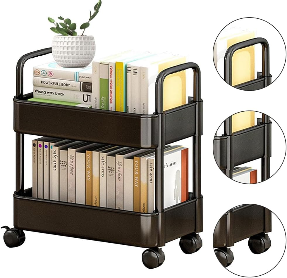 Storage Rolling Cart, 2Tier Snack Organiser Trolley, Rolling Shelf with Wheels & Hooks,Movable Storage Organizer for Home Kitchen Organization (Black image number 3