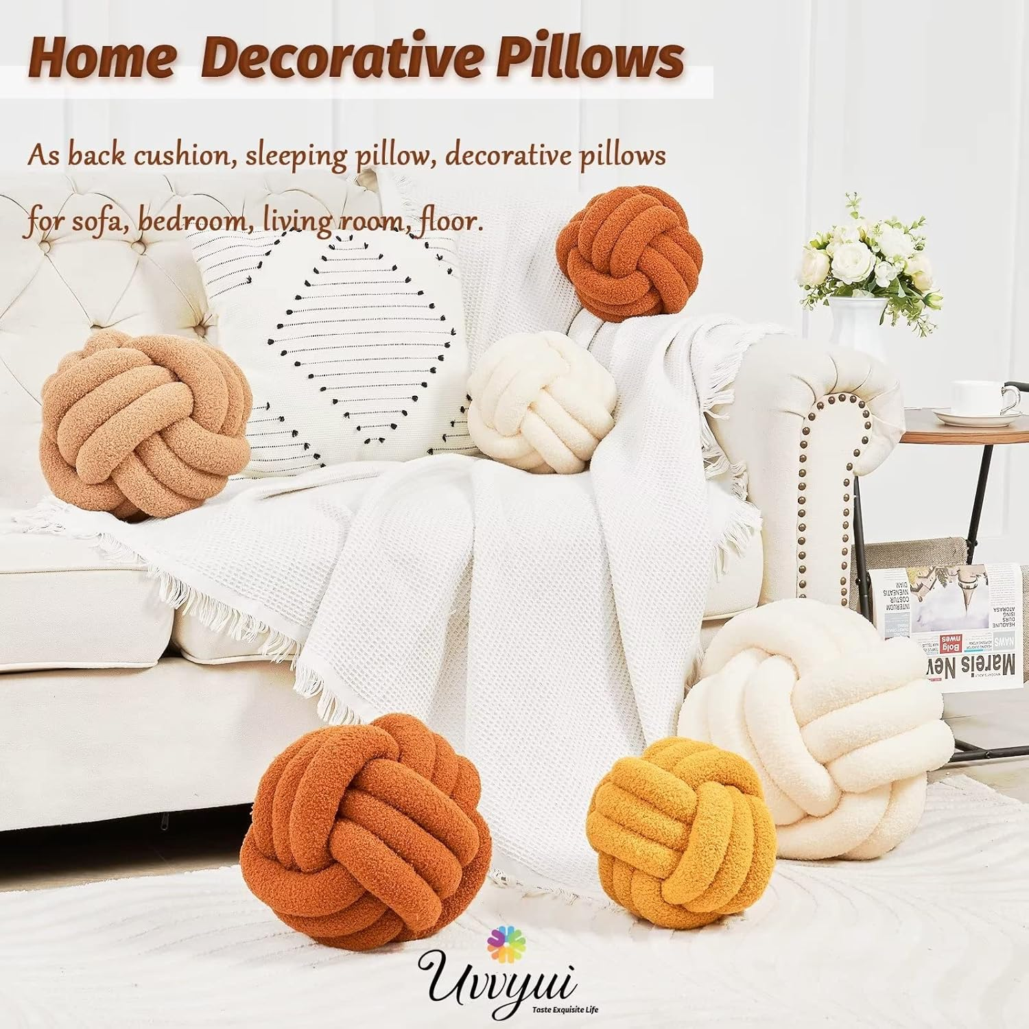 Uvvyui Knot Pillow Ball, Soft Home Decorative Pillows, round Throw Pillow, Handmade Knotted Plush Pillow, round Boucle Pillow Cushion (8.6 Inches Caramel) image number 3