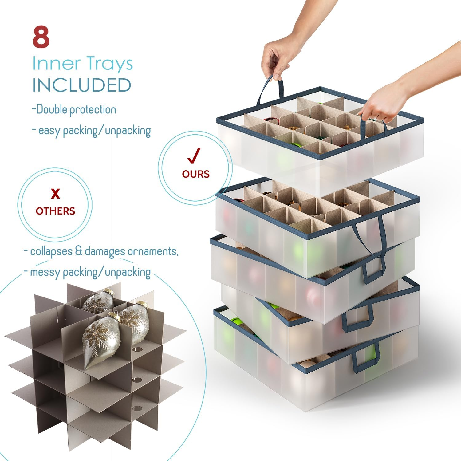 Hearth & Harbor Large Christmas Ornament Storage Box with Adjustable Dividers - Plastic Ornament Storage Container for 128 Holiday Ornaments or Decorations