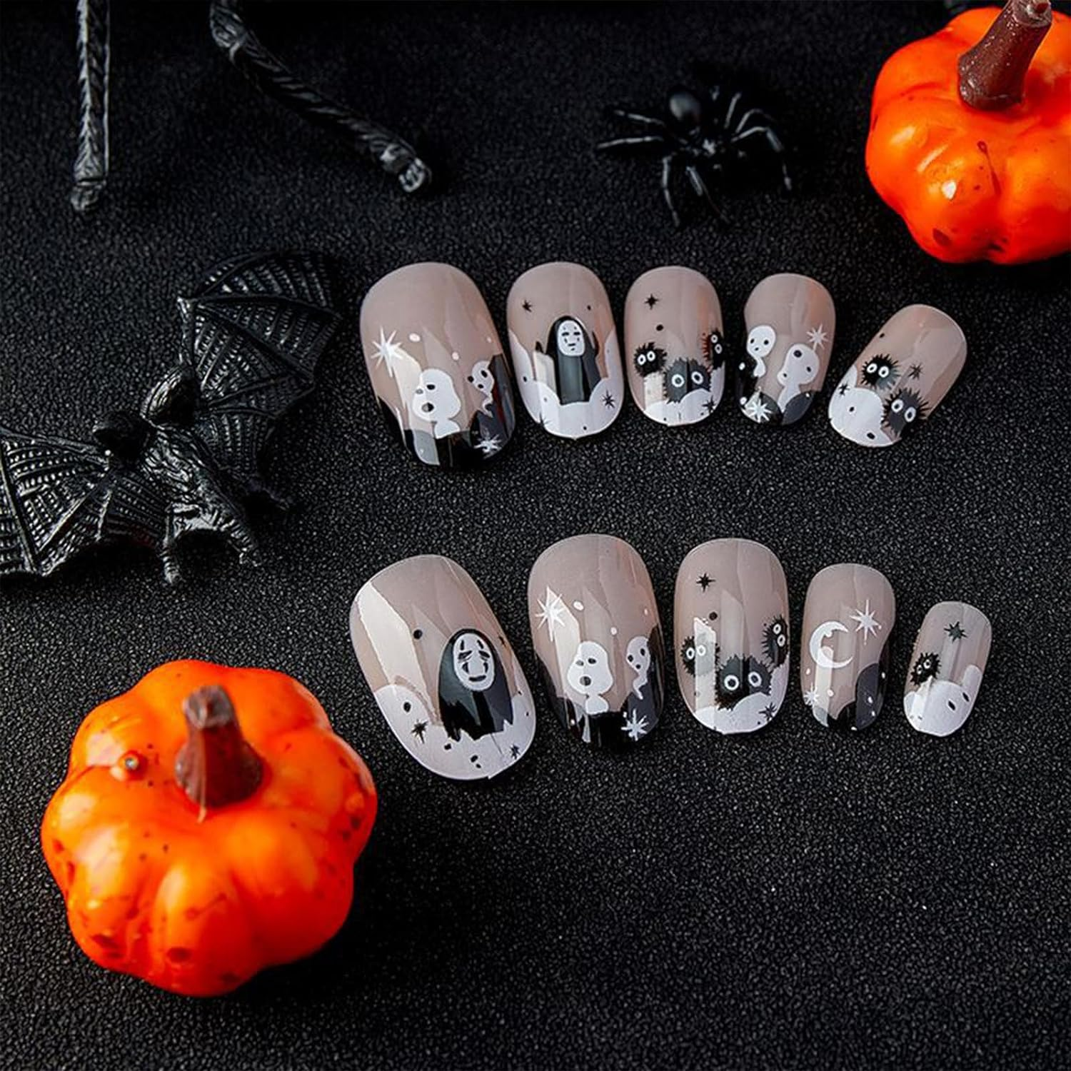 24PCS Halloween Press on Nails Medium French Tip Fake Nails with Ghost Design Cute Cosplay False Nails Glossy and Full Cover Acrylic Nails for Women and Girls image number 5