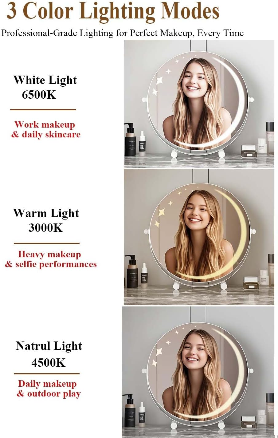 LED Vanity Mirror with Starry Sky Lights Crescent Moon 3-Color Adjustable Makeup Mirror round HD Mirror for Girls (Starlight,Gold 30Cm) - White 30Cm image number 7