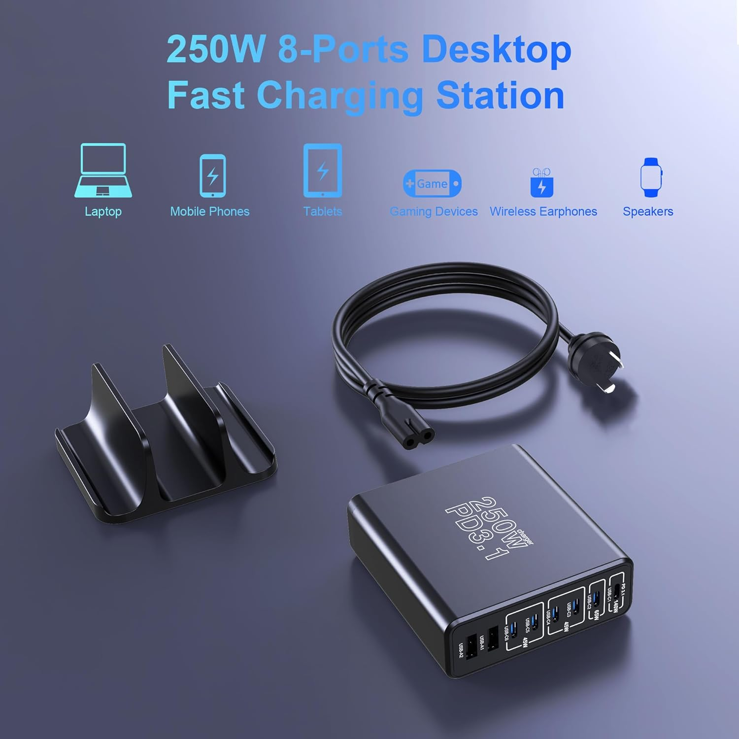 Aftertop 250W USB C Charger, 8-Ports PD3.1 140W Fast Charging Station, Compact Laptop Gan Charger for Macbook Pro, Ipad, Iphone 16 15 Pro Max, Galaxy S24Ultra, Pixel and More image number 4
