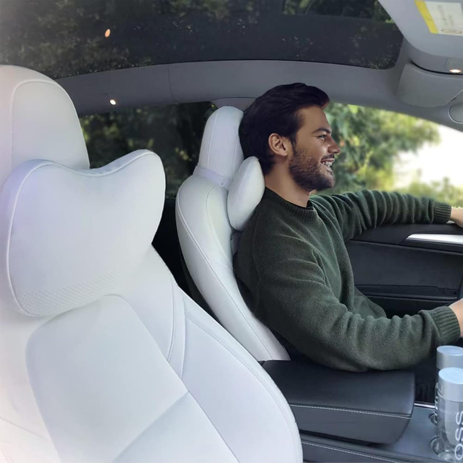 Car Headrest Neck Pillow for Tesla Model Y Juniper & Model 3 Highland, 2 Pack Nappa Leather Neck Support Cushion Fatigue Relief Seat Pillow Uniquely Designed for Tesla Model Y/3/S/X (White) image number 2