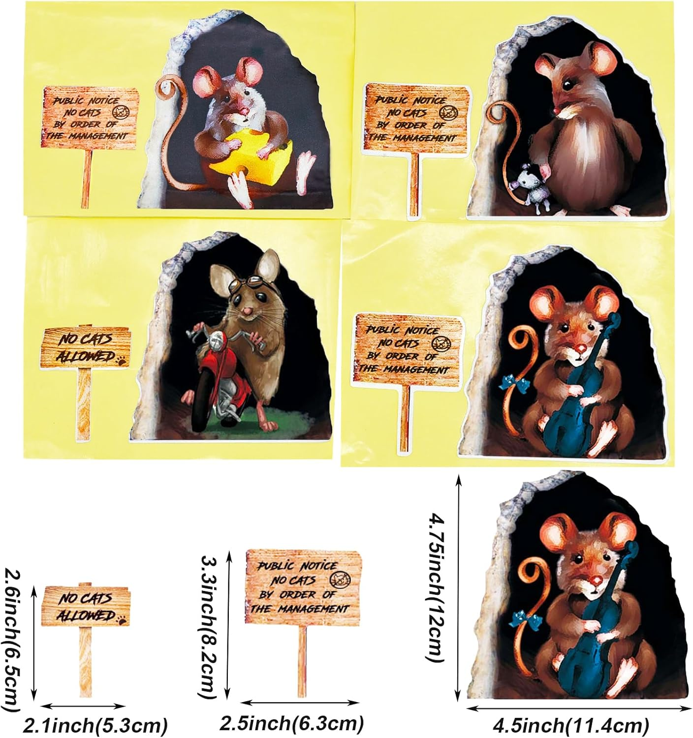 Maydahui 4 Sheets Cartoon Wall Hole Mouse Riding Motorcycle Wall Decal Mouse Playing Guitar Wall Corner Sticker Mouse Hold Cheese and Mouse Take Doll Baseboard Decor Peel and Stick for Kids Room Nursery Bedroom