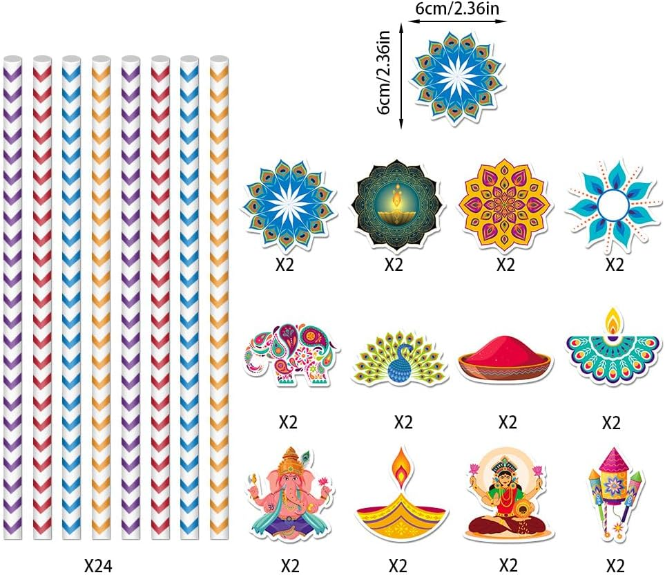 Happy Diwali - Paper Straw Decor - Festival of Lights Party Striped Decorative Straws - Set of 24 image number 1