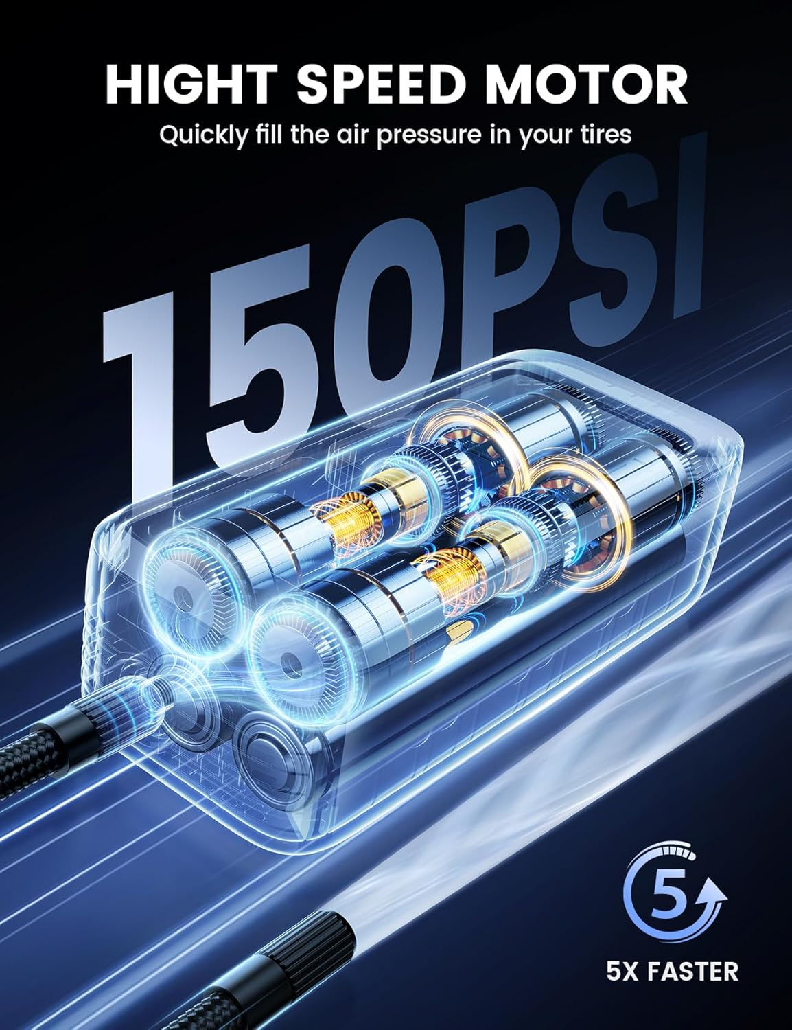 Lamicall Car Tyre Inflator Air Compressor - [5X Faster Inflation] Portable Air Pump with Digital Pressure Gauge & LED Light, 150PSI Electric Tyre Pump with Auto Shutoff for Car, Motorcycle, Bike, Ball image number 3