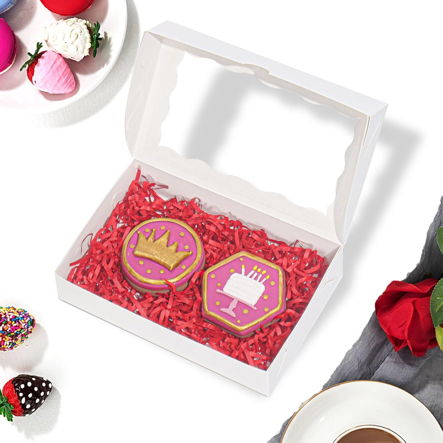 Romantic Baking 15 Pack White 7 X 4 3/8 X 1 1/2In Cookies Boxes with Window - Perfect for Wedding, Baby Shower & More - 100, Brown(Diy Assembly) image number 2