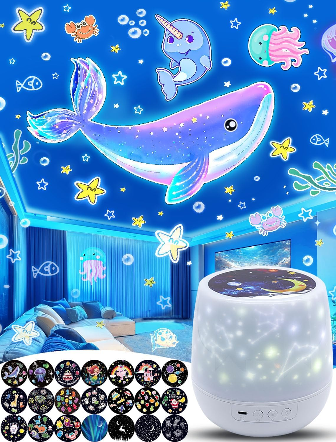 21 Sets of Films + Projector Night Light for Kids, Kids Night Lights Projector for Bedroom, Ceiling, Star Projector with 360&deg; Rotation Dimmable for Baby Girls, Birthday, Christmas, Nursery, Room Decor