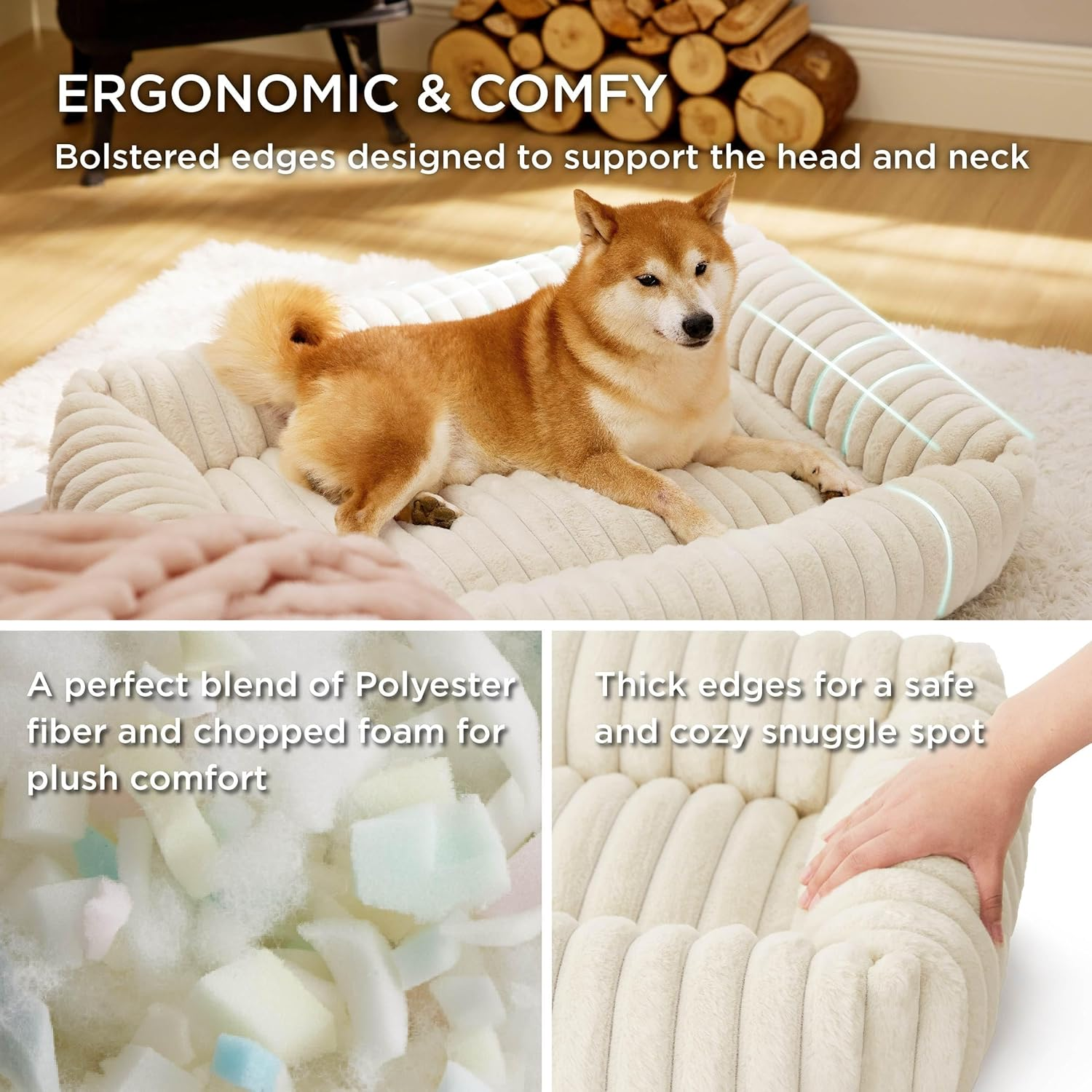 Pet Couch Bed for Large Dogs - Washable Furry Puppy Beds, Rectangle Orthopedic Corduroy Fleece Pet Beds with Removable Zipper Cover (White, 92 X 69 X 20 CM) image number 4